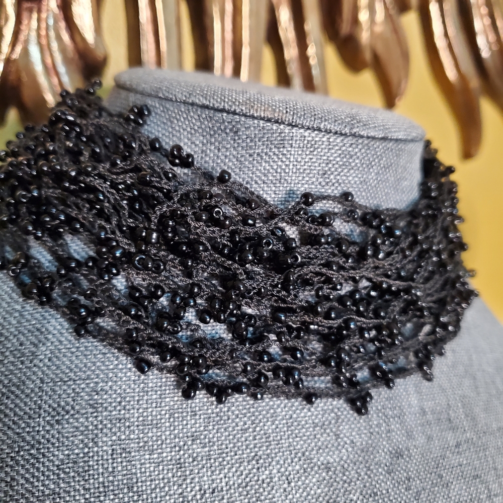 Black Seed Bead Braided Bead Knit Necklace